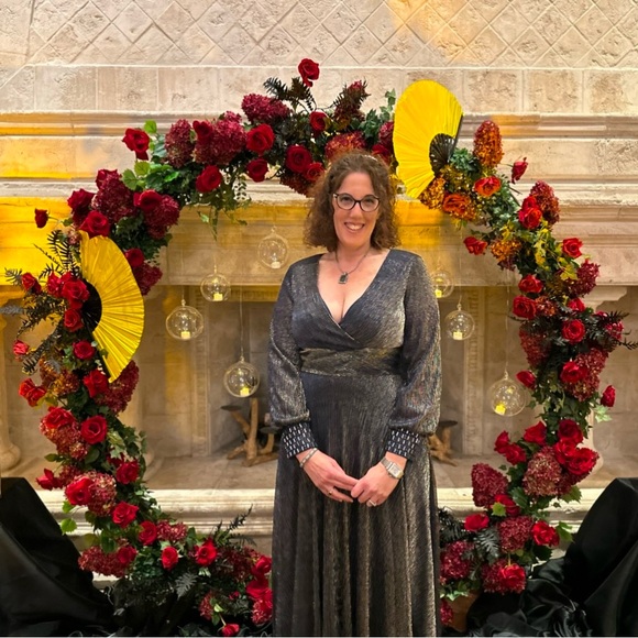 Betsy & Adam Women's Galaxy Metallic V-Neck Gown Size 12 Navy/Gold Dress - Picture 11 of 11